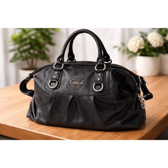 Coach Handbags - Coach Ashley Satchel Black Leather Shoulder Bag F15447 Purple Lining